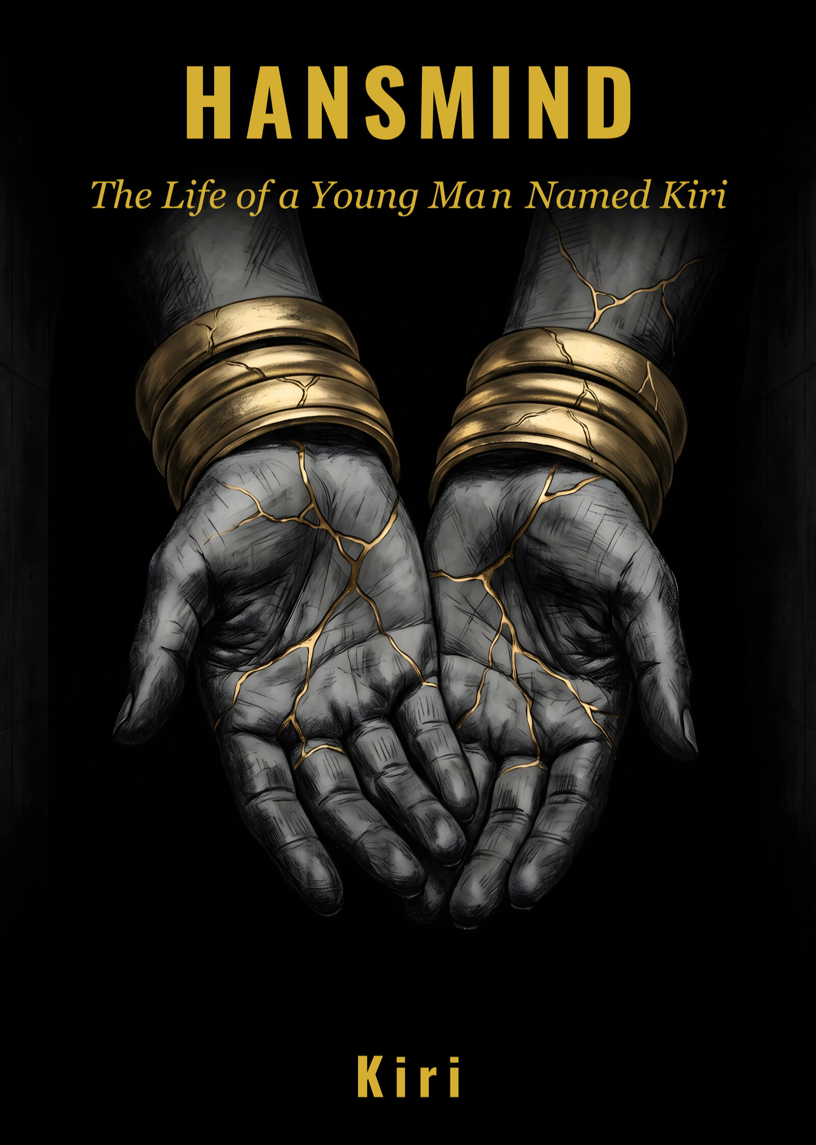 Cover of HANSMIND: The Life of a Young Man Named Kiri, featuring the Kintsugi hands motif on Vanta Black.