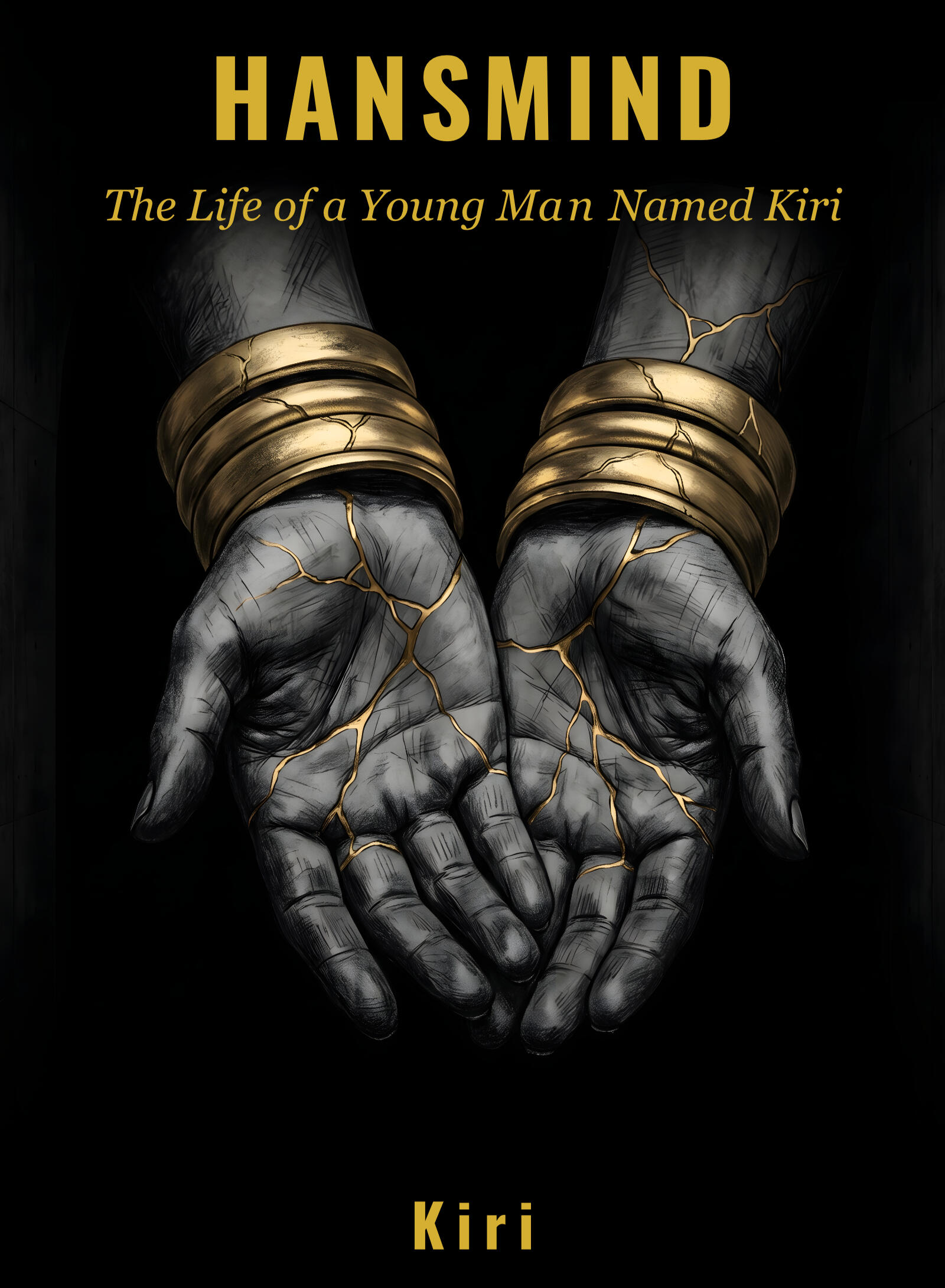 Cover of HANSMIND: The Life of a Young Man Named Kiri, featuring the Kintsugi hands motif on Vanta Black.